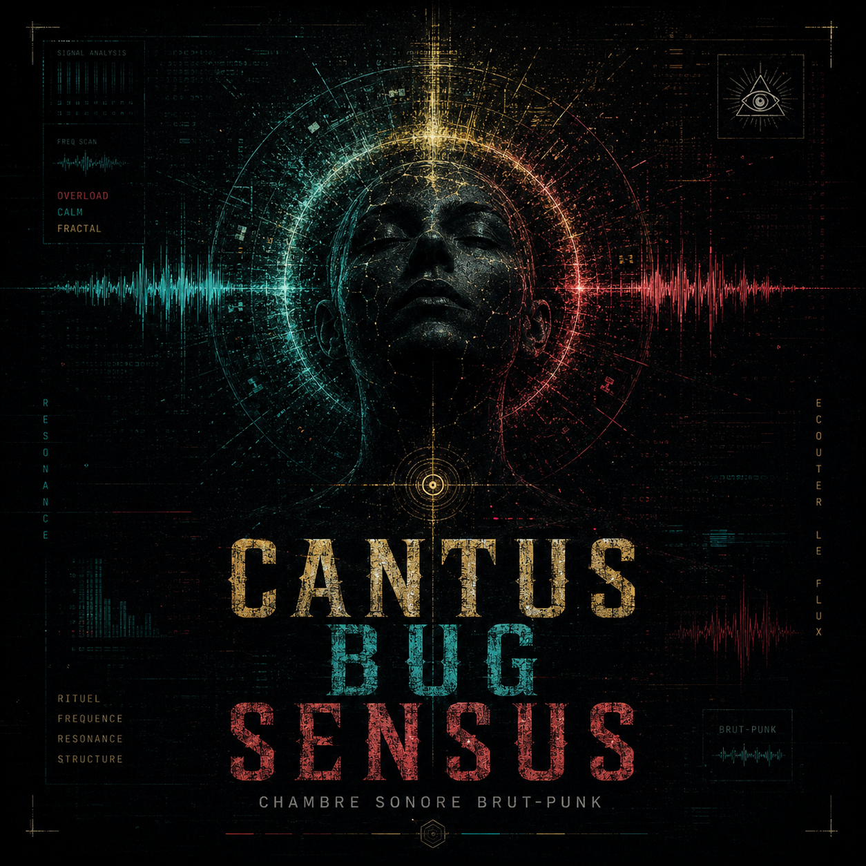 Illustration Cantus Bug Sensus, chambre sonore Brut-Punk avec visage sombre, ondes audio et interface cybernétique