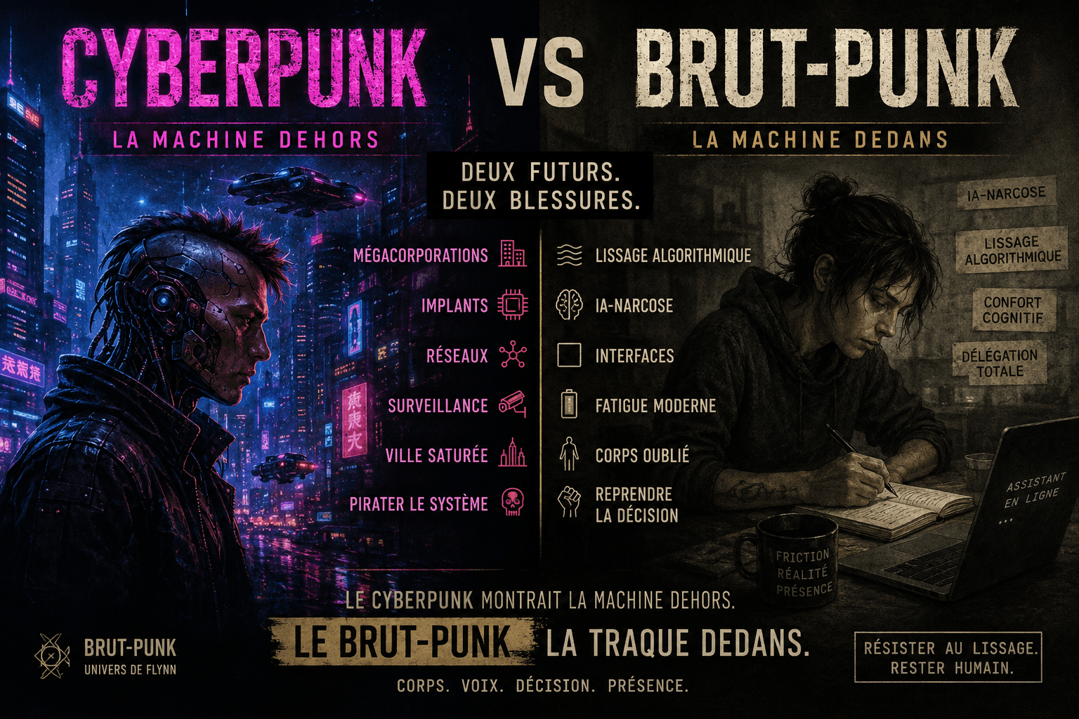 Cyberpunk vs Brut-Punk : comparaison entre un futur technologique saturé de néons et un futur Brut-Punk marqué par le corps, la friction et le refus du lissage algorithmique