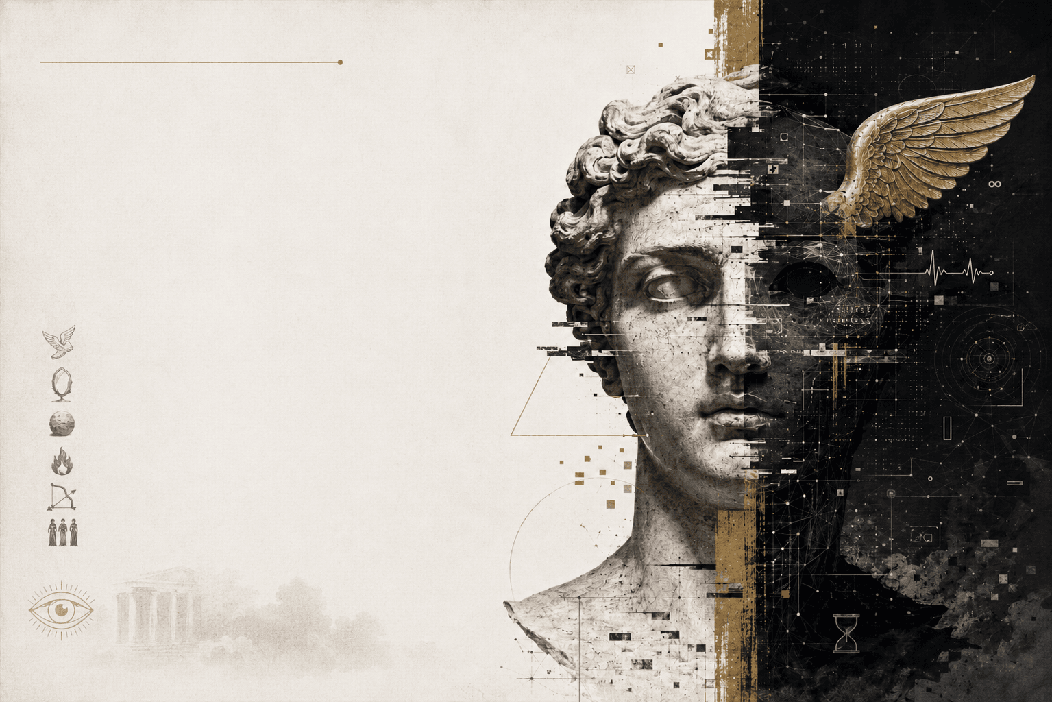 Statue antique fragmentée par une interface numérique, symbole d’Hermès migrant dans les réseaux contemporains